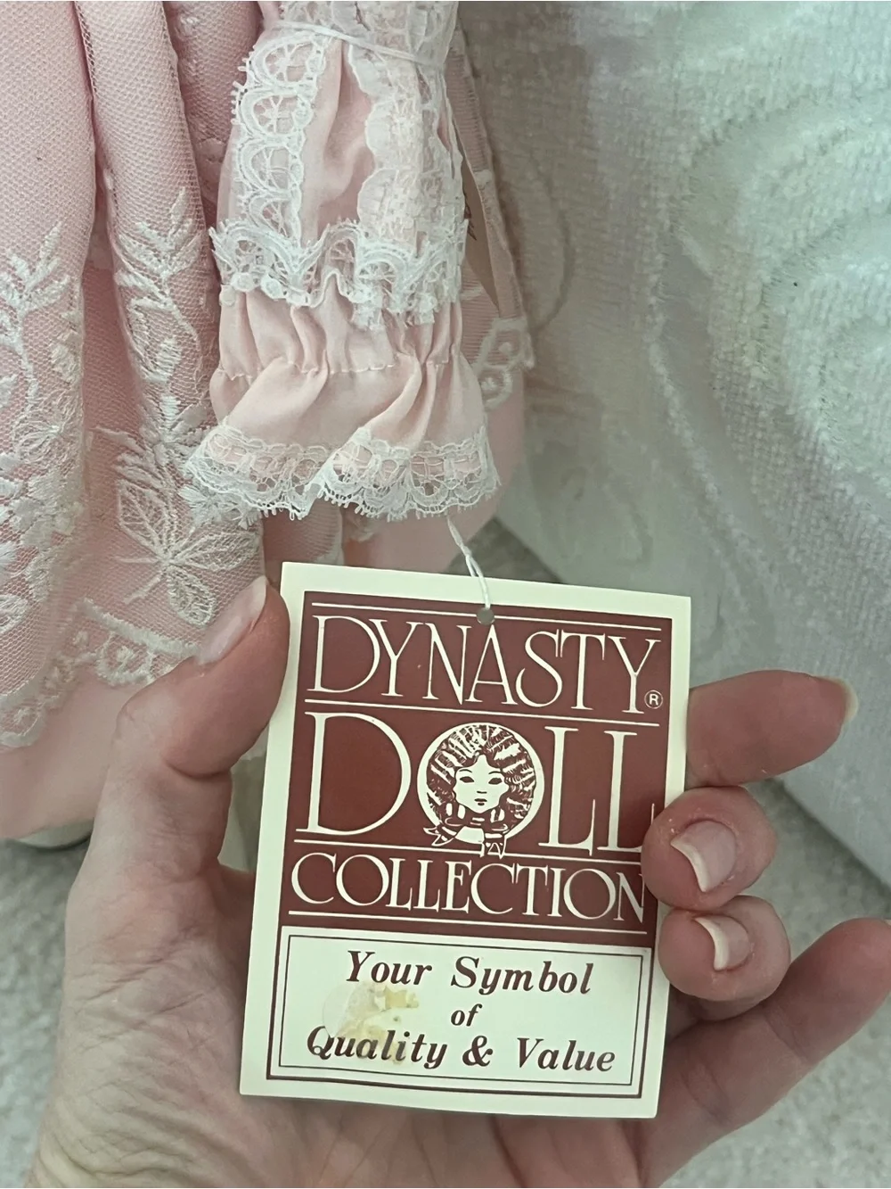 Vintage Dynasty Doll Collection Porcelain Doll Pink Lace Dress & Bonnet with Box